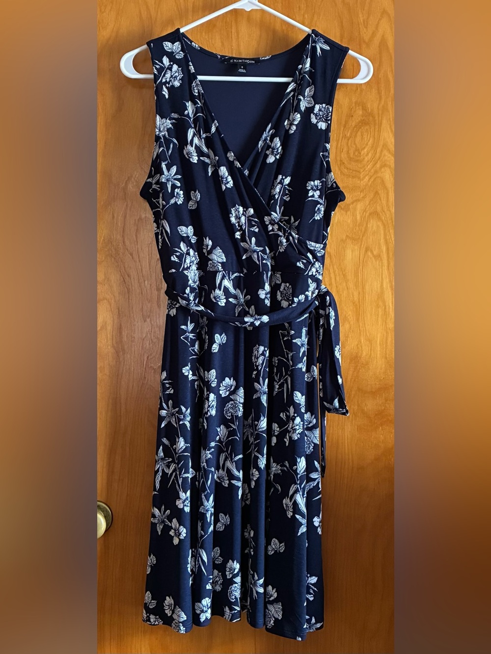 Women’s Navy Floral Faux Wrap Dress with Belt -Size M